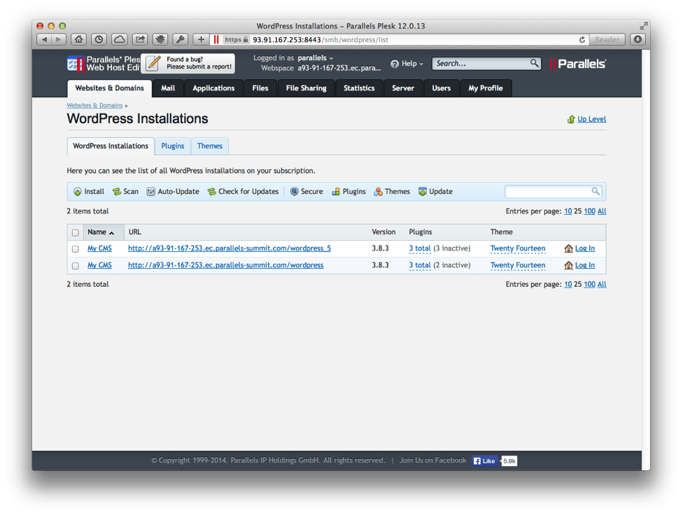 plesk 12 screenshot for wordpress management installs