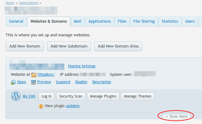 plesk 12 - domains - show more