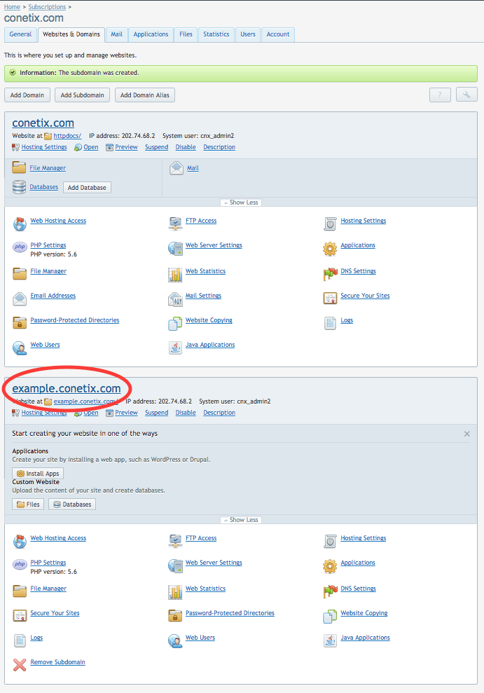 sub domain created in plesk 12