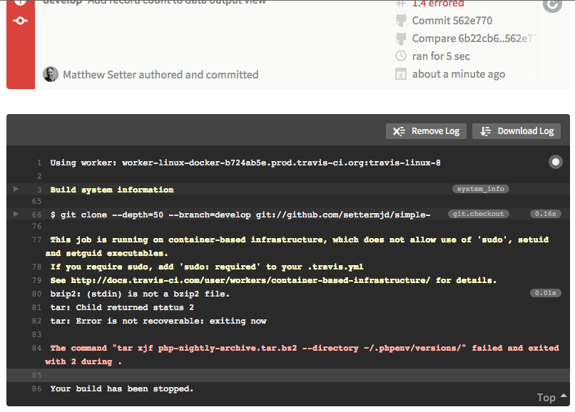 travis>ci failed build details