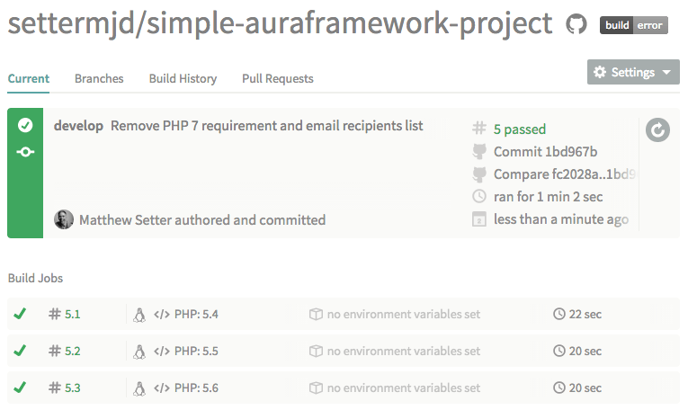 travis.ci passing build details