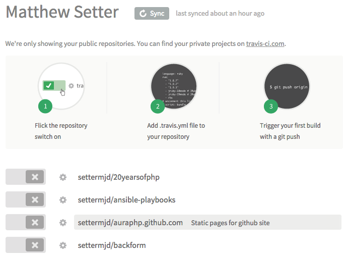 travis.ci project list