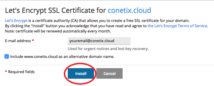 lets's encrypt install and adding email address