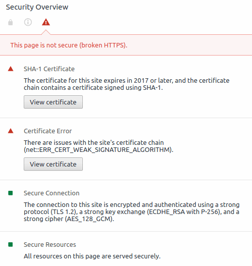 SSL Certificate alert details as shown in Developer Tools