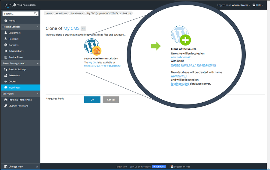 plesk 17.5 wordpress toolkit 2.0 clone screenshot