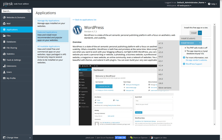 plesk 17.5 wordpress toolkit 2.0 wordpress installer screenshot