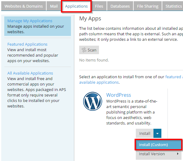 plesk onyx - install wordpress via plesk application