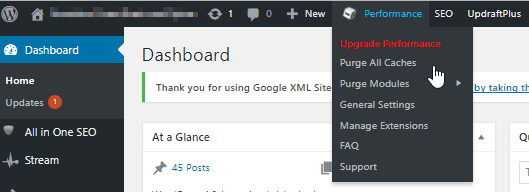 clearing a w3 total cache's page cache