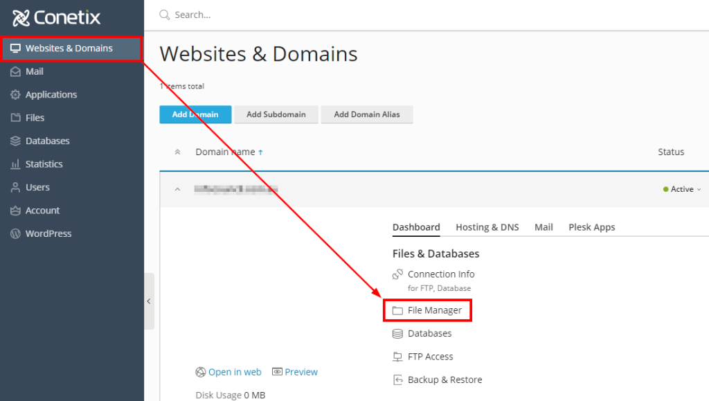 conetix control panel: add files to plesk