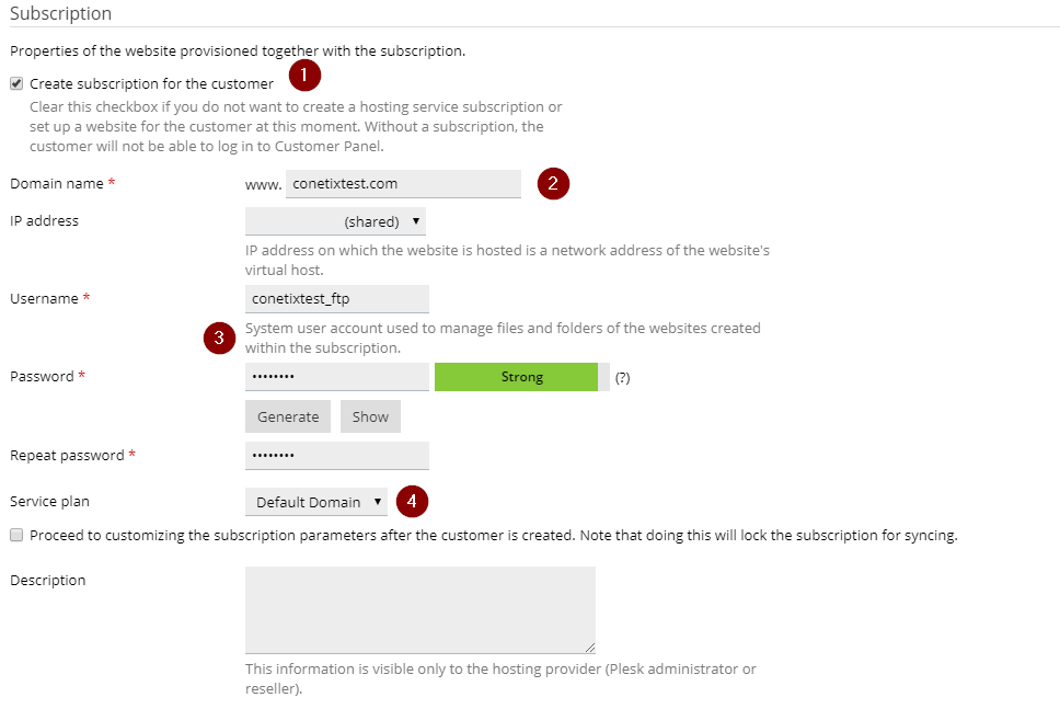 how to create a new client and subscription in plesk onyx