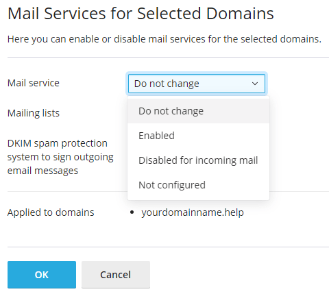 disabling the mail service for a domain in plesk