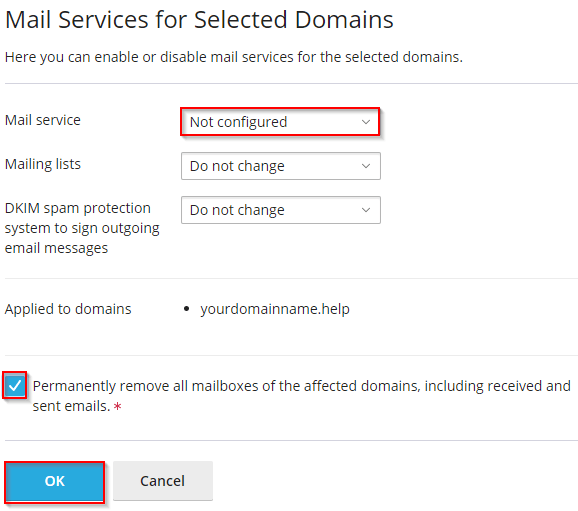 disabling the mail service for a domain in plesk