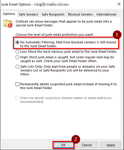 changing junk options in outlook