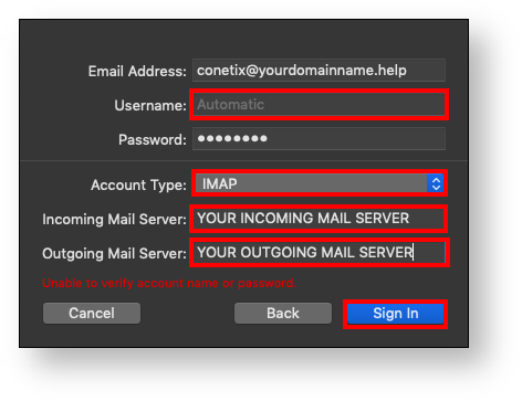 setup imap/pop email account in mac mail