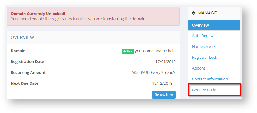 conetix control panel: retrieve domain epp code