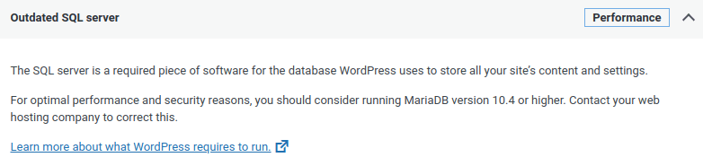 example mariadb warning for wordpress site health