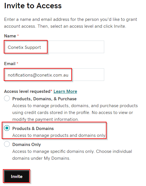 how to invite conetix to access your godaddy account
