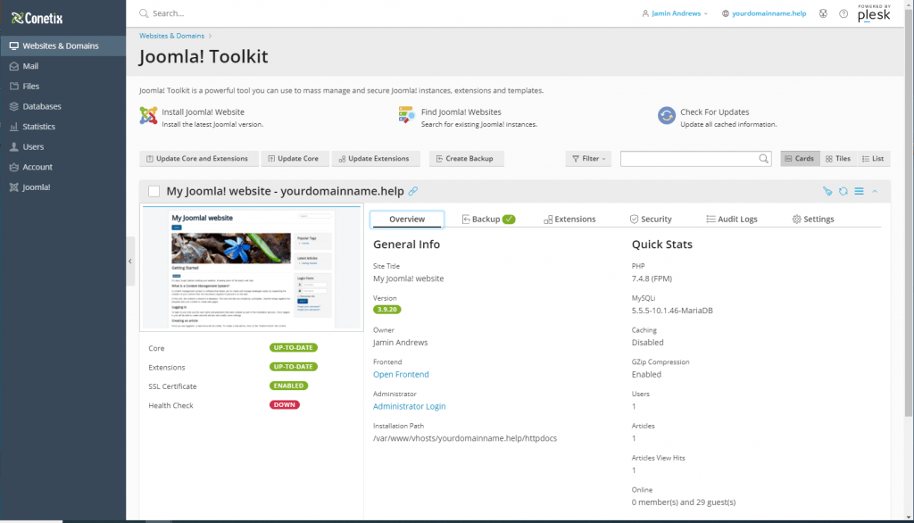 plesk joomla! toolkit - joomla view