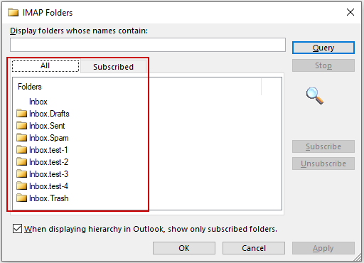 how to subscribe to imap folders in ms outlook