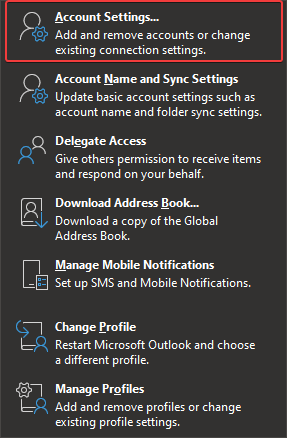 outlook account settings change mailbox gray