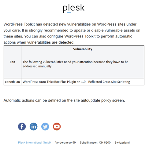 plesk wordpress toolkit vulnerability notification