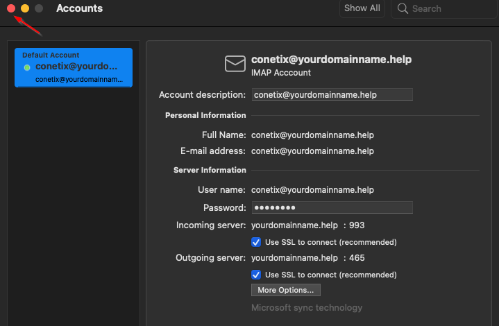 outlook for mac - update imap/pop email password