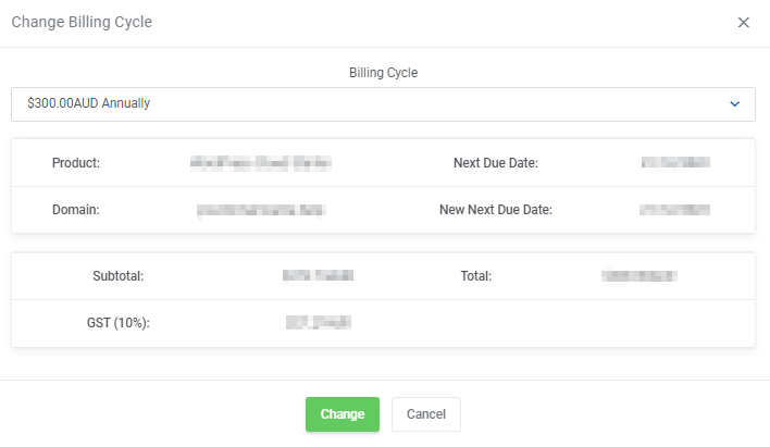 modify the billing cycle on website hosting subscription