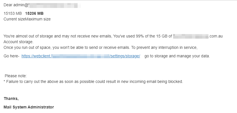 suspicious "domain almost out of storage" phishing emails