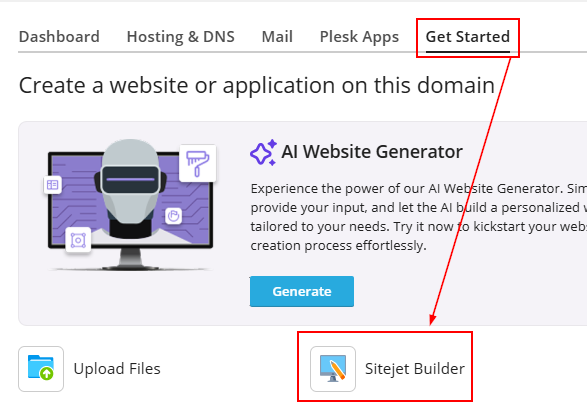 how to access sitejet builder via plesk