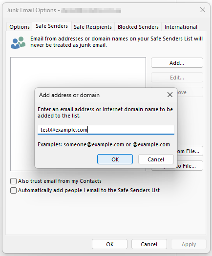 microsoft outlook – how to whitelist an email address