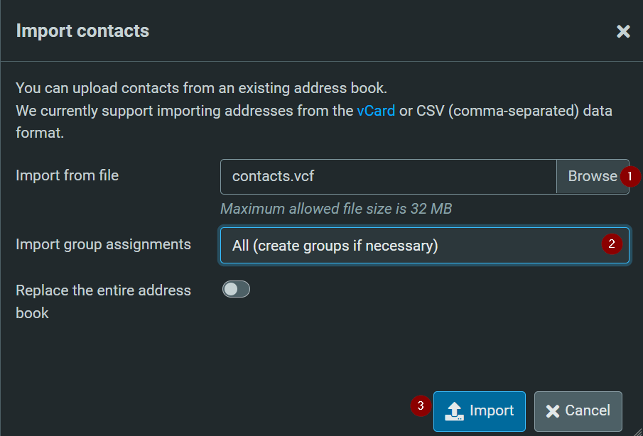 roundcube - export/import contacts