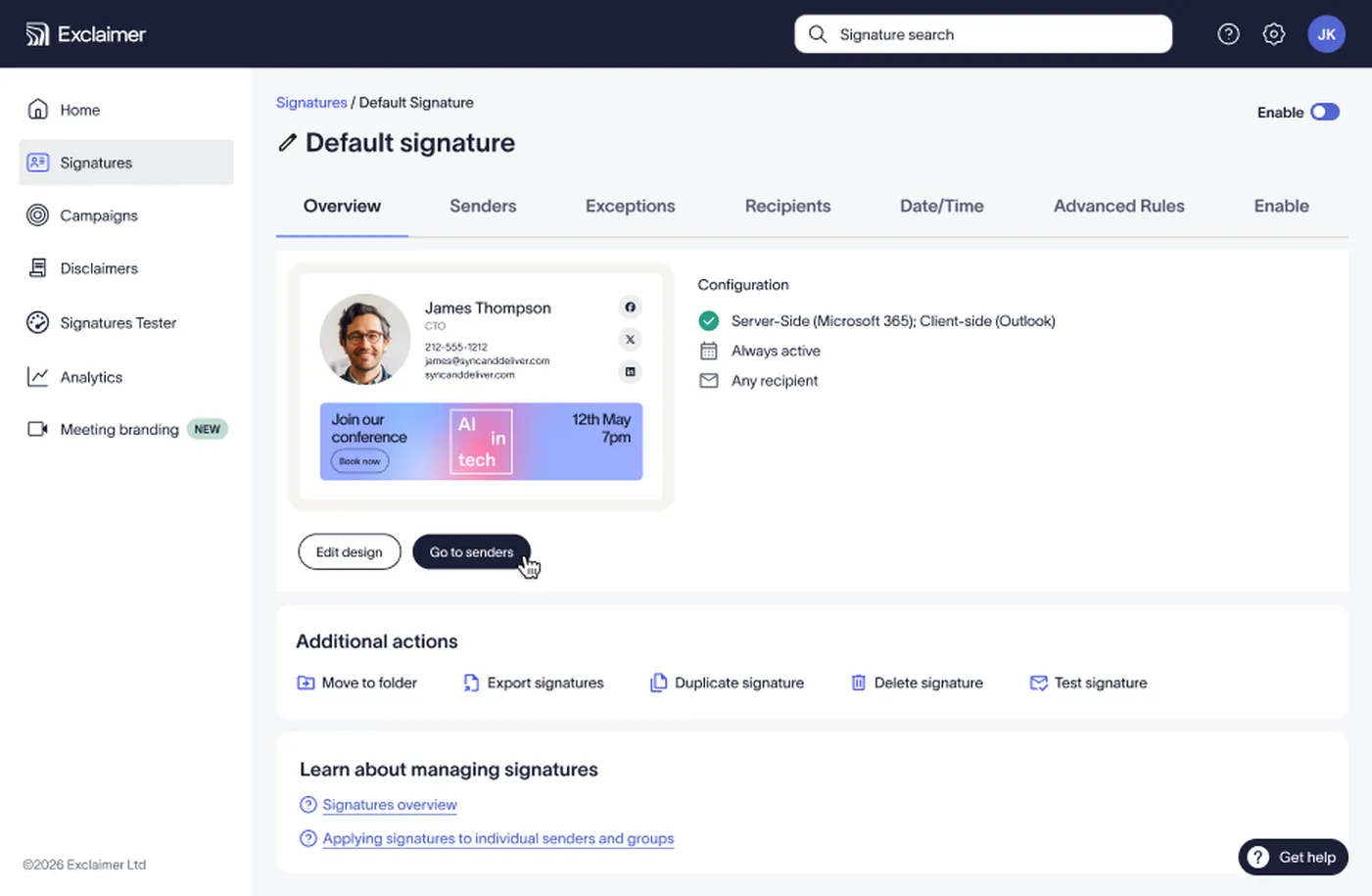 exclaimer signature manager interface preview showing a branded email signature with marketing banner