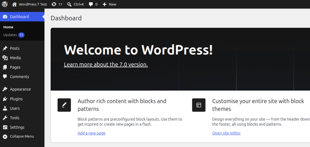 wordpress 7.0 admin dashboard