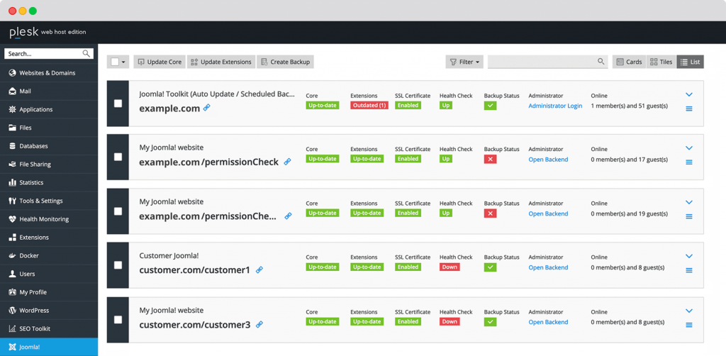 plesk joomla! toolkit mission control dashboard