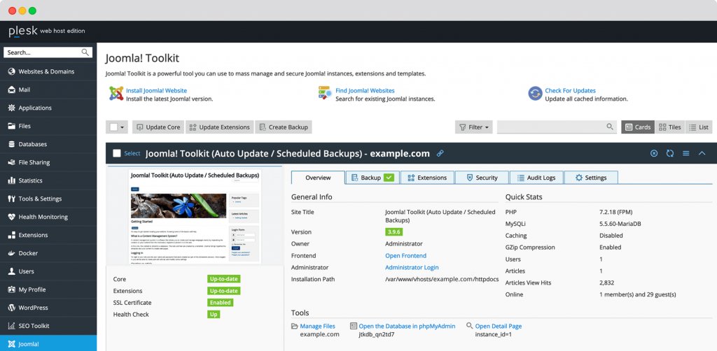 plesk joomla! toolkit run view &mdash; mass updates and performance monitoring